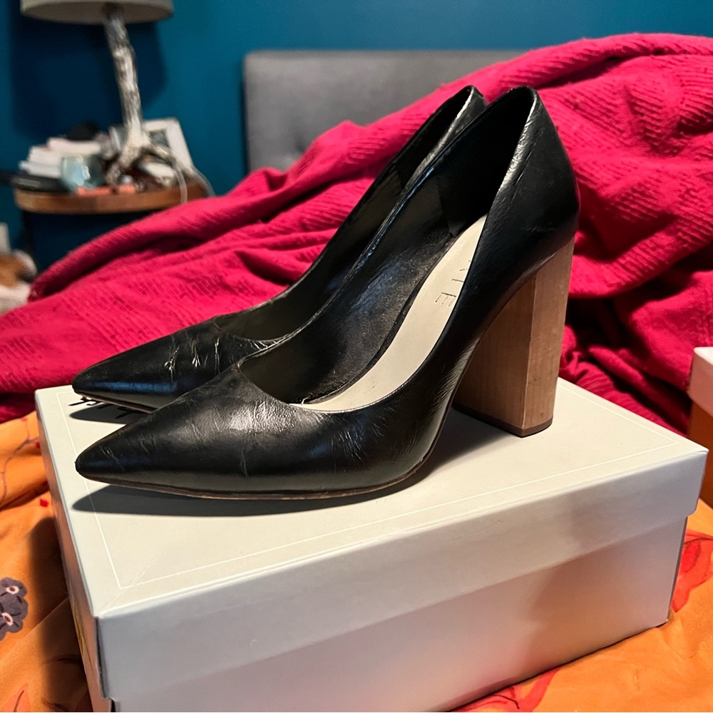 1. State Black Leather Pointed Block Heel Pumps with Wooden Heel